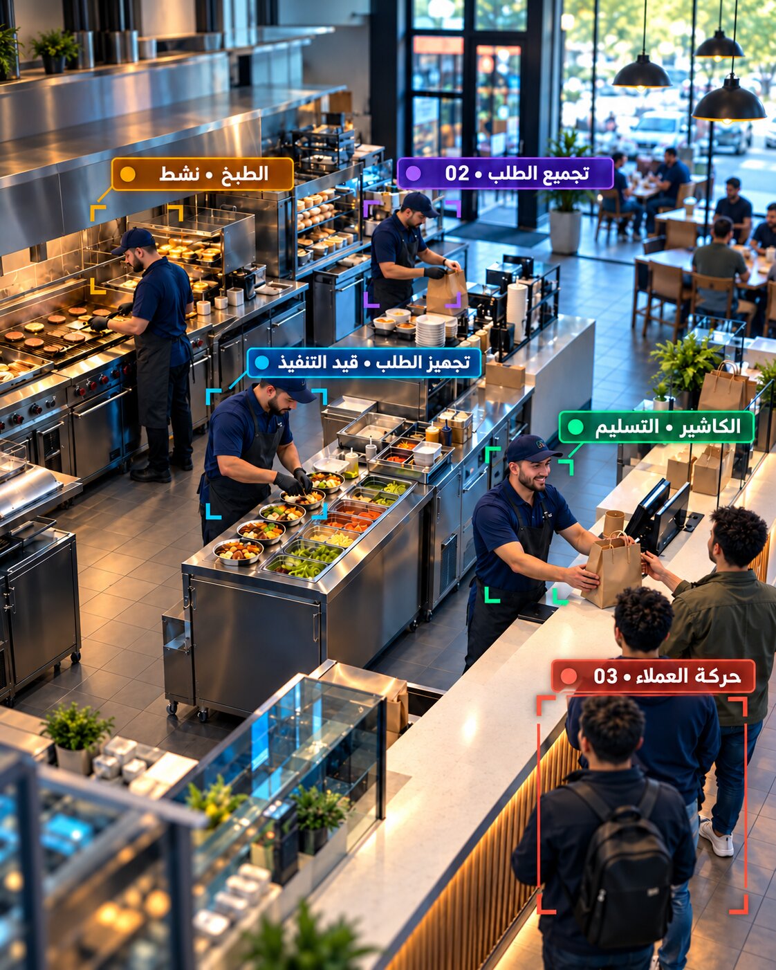 مطبخ المطعم وكاونتر الاستلام مراقبان بالكاميرات الحالية